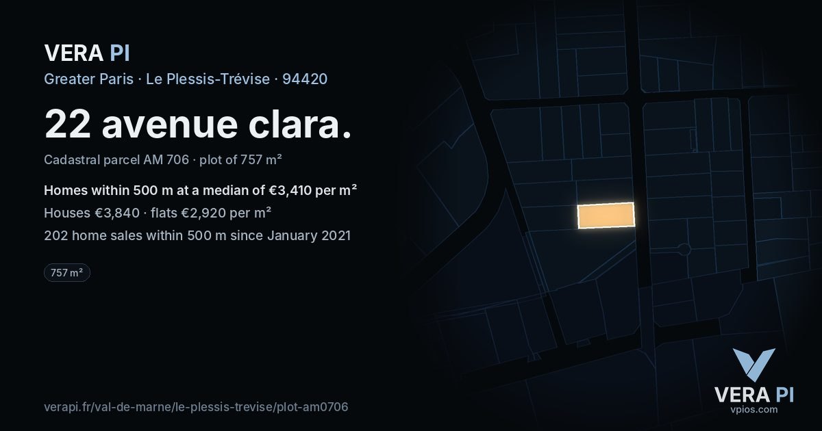 22 avenue clara, Le Plessis-Trévise at night – the plot lit, the parcels around coloured by the prices near them