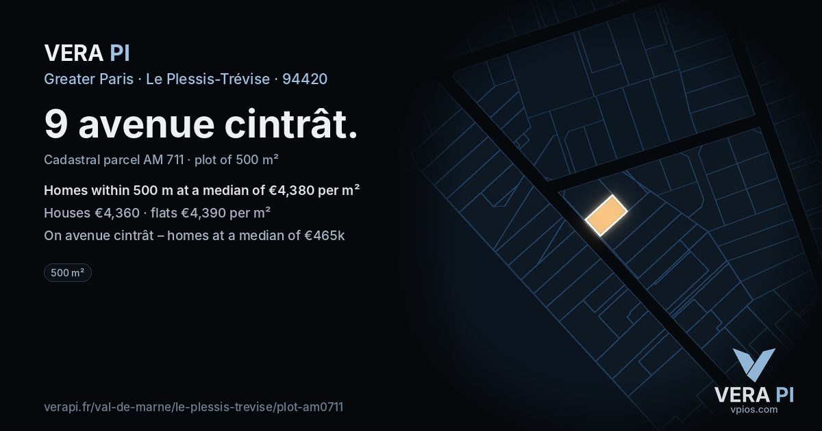 9 avenue cintrât, Le Plessis-Trévise at night – the plot lit, the parcels around coloured by the prices near them