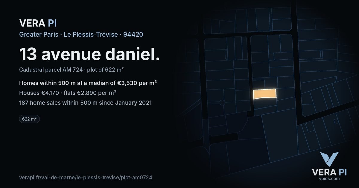 13 avenue daniel, Le Plessis-Trévise at night – the plot lit, the parcels around coloured by the prices near them