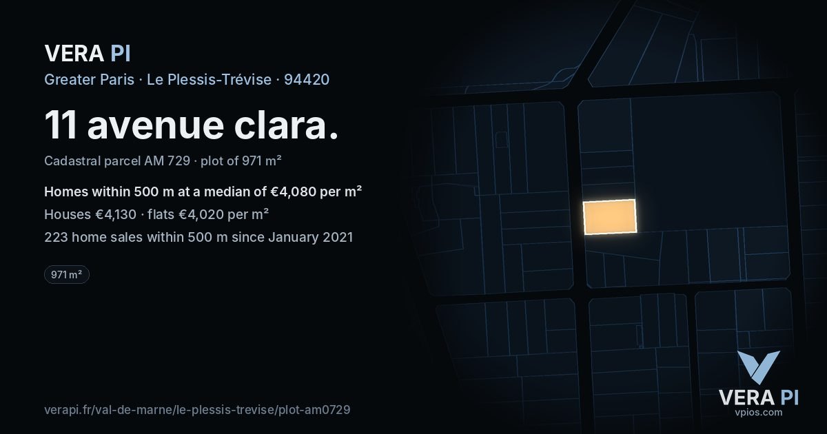 11 avenue clara, Le Plessis-Trévise at night – the plot lit, the parcels around coloured by the prices near them