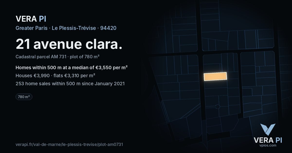21 avenue clara, Le Plessis-Trévise at night – the plot lit, the parcels around coloured by the prices near them