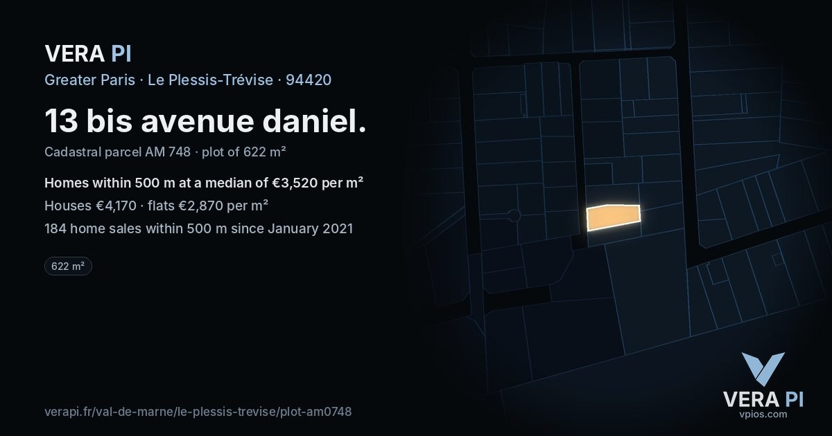 13 bis avenue daniel, Le Plessis-Trévise at night – the plot lit, the parcels around coloured by the prices near them