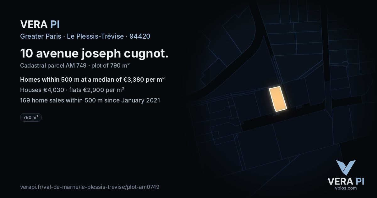 10 avenue joseph cugnot, Le Plessis-Trévise at night – the plot lit, the parcels around coloured by the prices near them