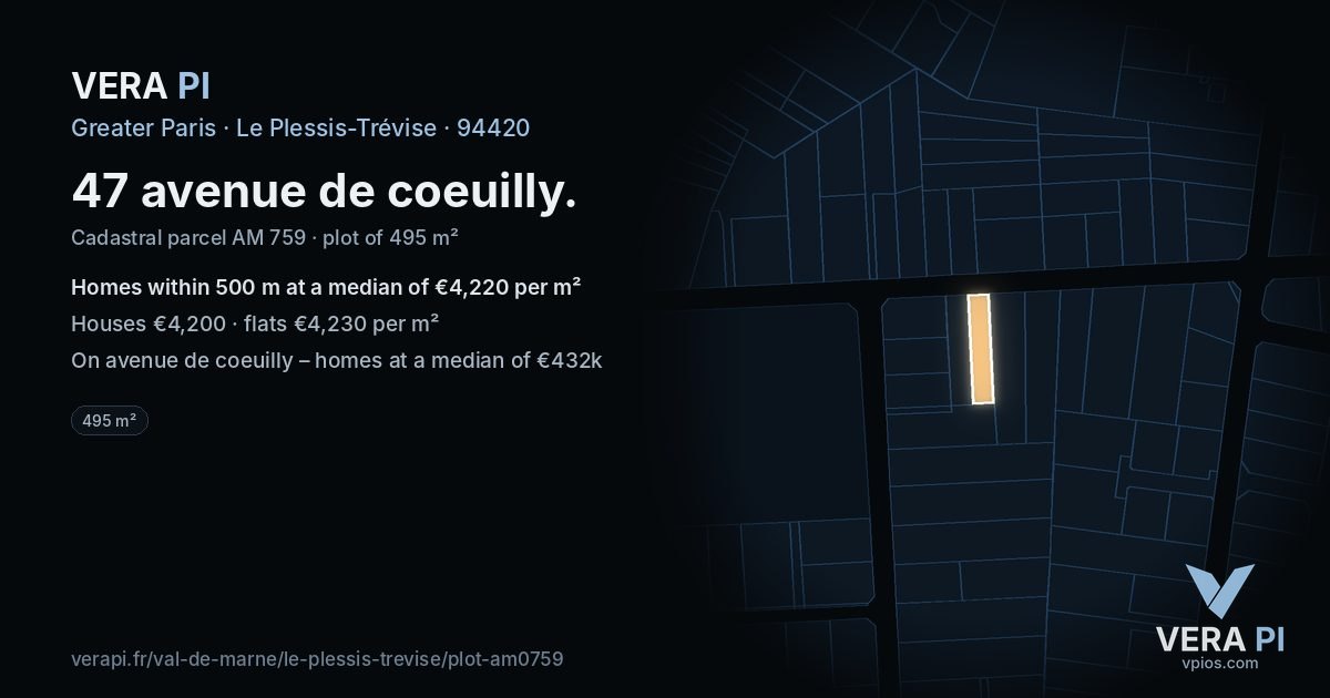 47 avenue de coeuilly, Le Plessis-Trévise at night – the plot lit, the parcels around coloured by the prices near them