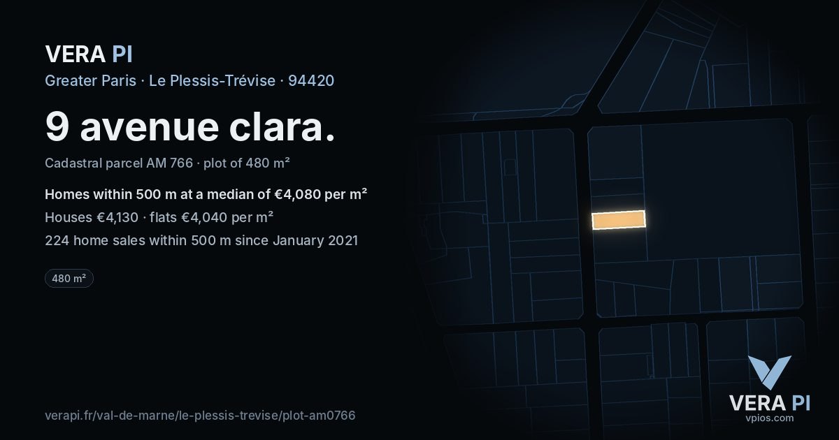 9 avenue clara, Le Plessis-Trévise at night – the plot lit, the parcels around coloured by the prices near them