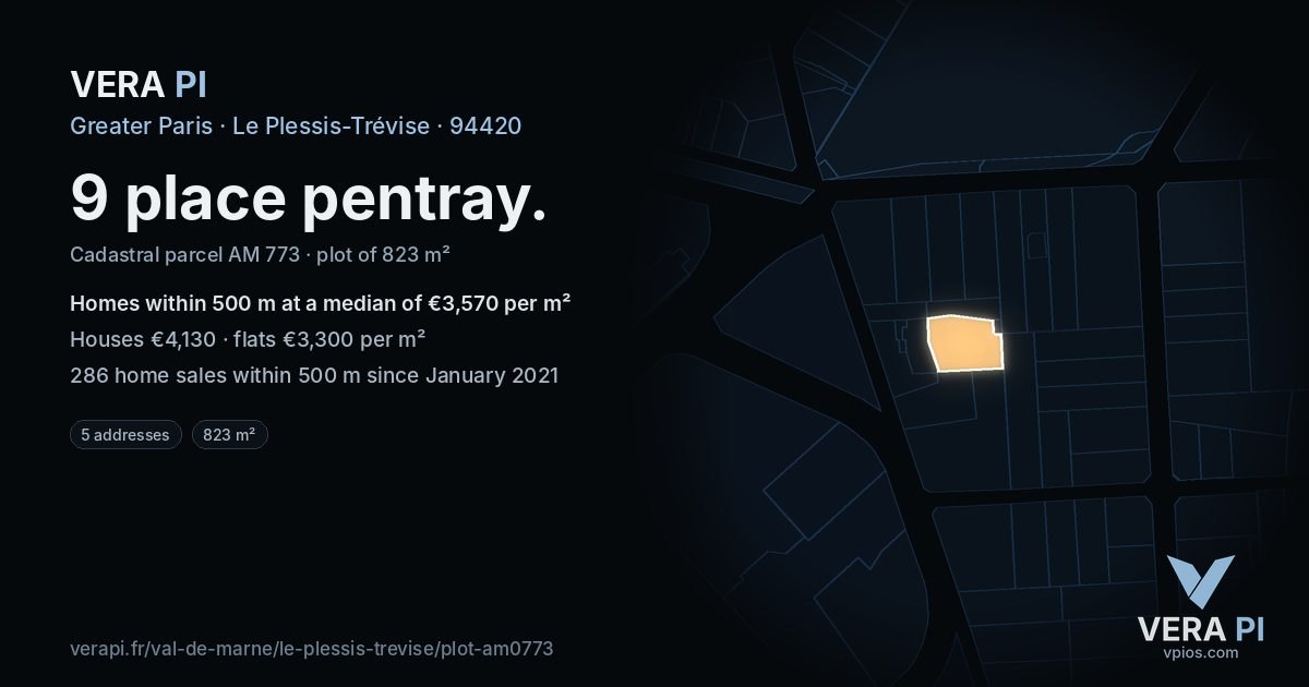 9 place pentray, Le Plessis-Trévise at night – the plot lit, the parcels around coloured by the prices near them