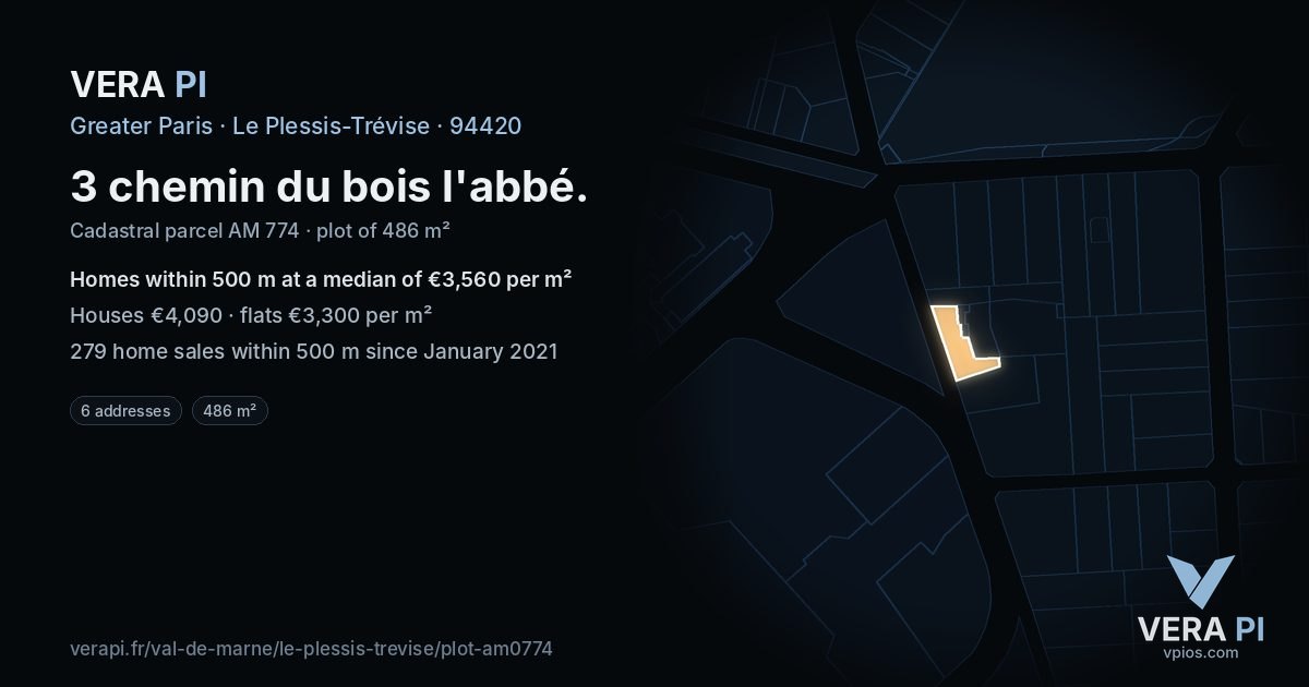 3 chemin du bois l'abbé, Le Plessis-Trévise at night – the plot lit, the parcels around coloured by the prices near them