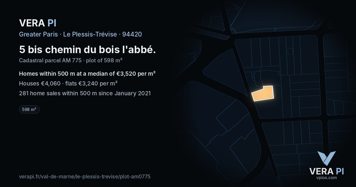 5 bis chemin du bois l'abbé, Le Plessis-Trévise at night – the plot lit, the parcels around coloured by the prices near them