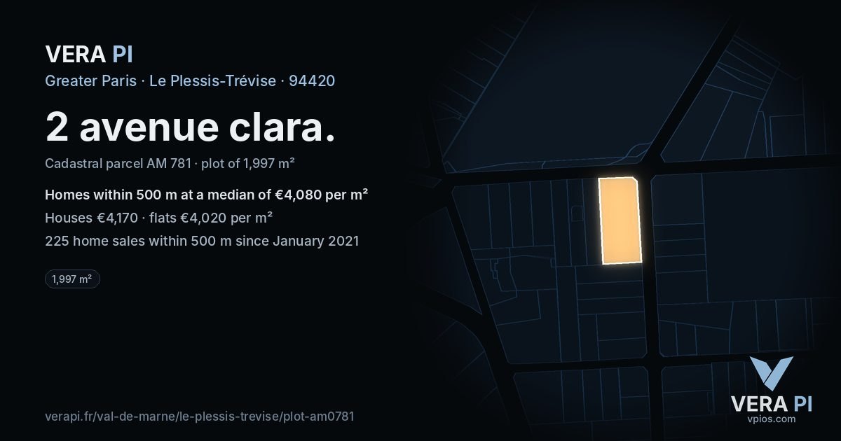 2 avenue clara, Le Plessis-Trévise at night – the plot lit, the parcels around coloured by the prices near them
