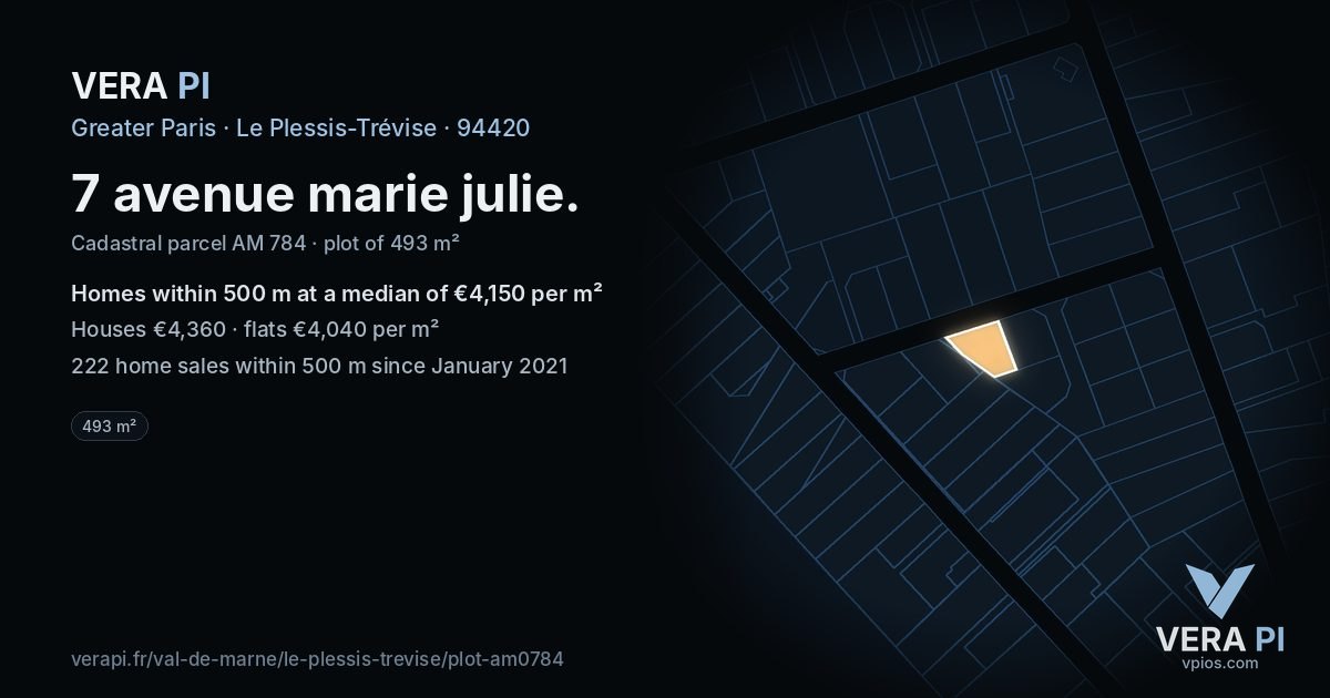 7 avenue marie julie, Le Plessis-Trévise at night – the plot lit, the parcels around coloured by the prices near them