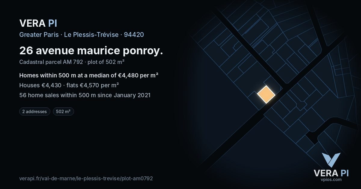 26 avenue maurice ponroy, Le Plessis-Trévise at night – the plot lit, the parcels around coloured by the prices near them