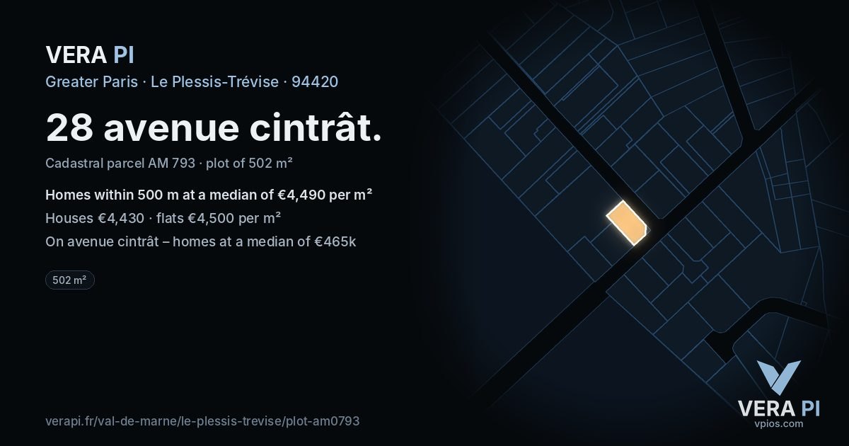 28 avenue cintrât, Le Plessis-Trévise at night – the plot lit, the parcels around coloured by the prices near them