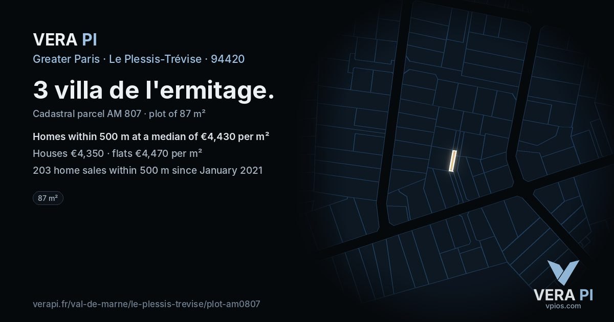 3 villa de l'ermitage, Le Plessis-Trévise at night – the plot lit, the parcels around coloured by the prices near them