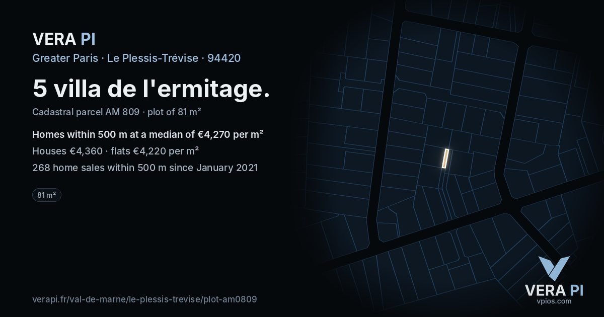 5 villa de l'ermitage, Le Plessis-Trévise at night – the plot lit, the parcels around coloured by the prices near them