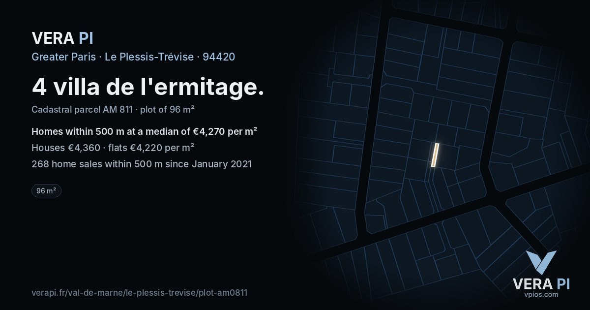 4 villa de l'ermitage, Le Plessis-Trévise at night – the plot lit, the parcels around coloured by the prices near them