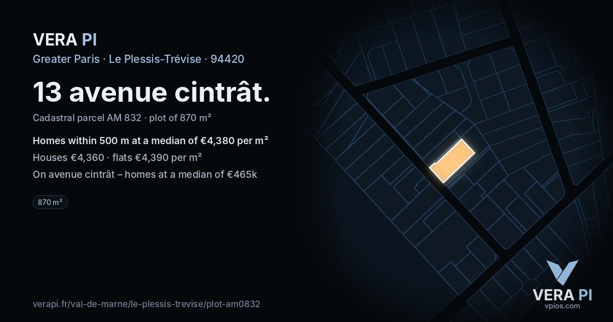 13 avenue cintrât, Le Plessis-Trévise at night – the plot lit, the parcels around coloured by the prices near them