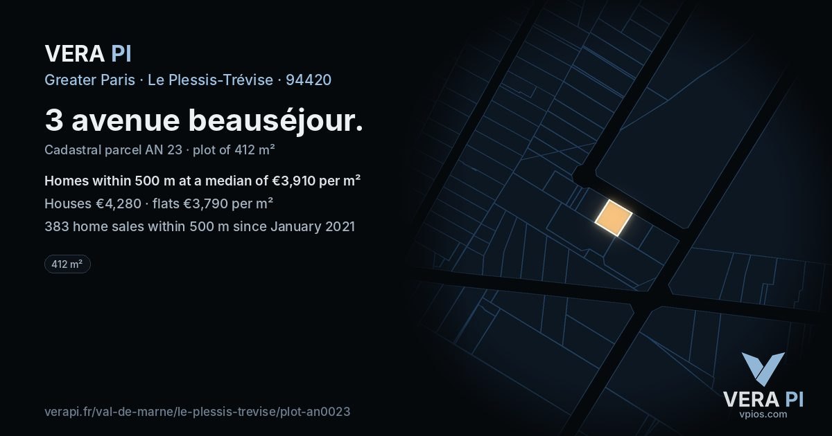 3 avenue beauséjour, Le Plessis-Trévise at night – the plot lit, the parcels around coloured by the prices near them