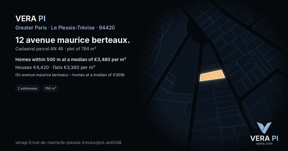 12 avenue maurice berteaux, Le Plessis-Trévise at night – the plot lit, the parcels around coloured by the prices near them