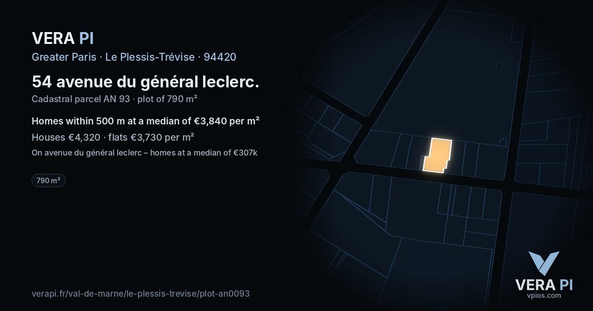 54 avenue du général leclerc, Le Plessis-Trévise at night – the plot lit, the parcels around coloured by the prices near them