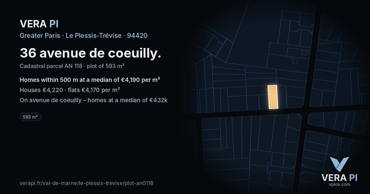 36 avenue de coeuilly, Le Plessis-Trévise at night – the plot lit, the parcels around coloured by the prices near them