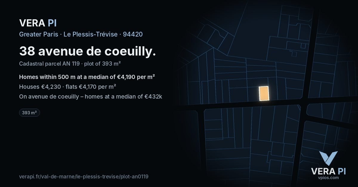 38 avenue de coeuilly, Le Plessis-Trévise at night – the plot lit, the parcels around coloured by the prices near them
