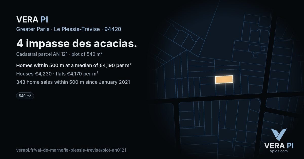 4 impasse des acacias, Le Plessis-Trévise at night – the plot lit, the parcels around coloured by the prices near them