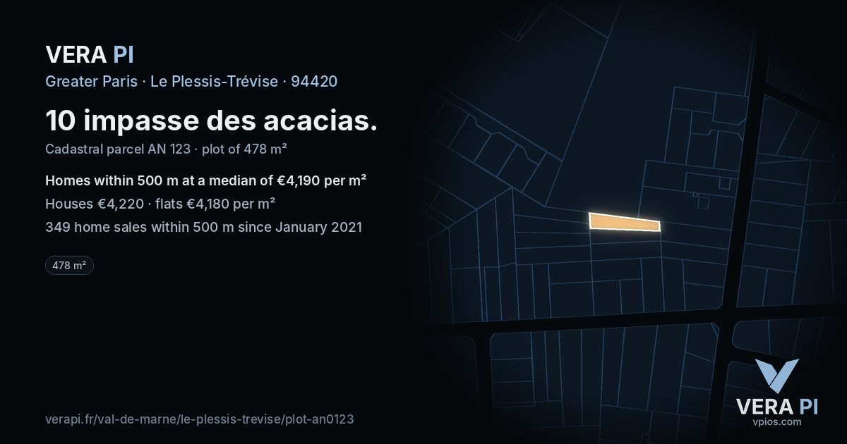 10 impasse des acacias, Le Plessis-Trévise at night – the plot lit, the parcels around coloured by the prices near them