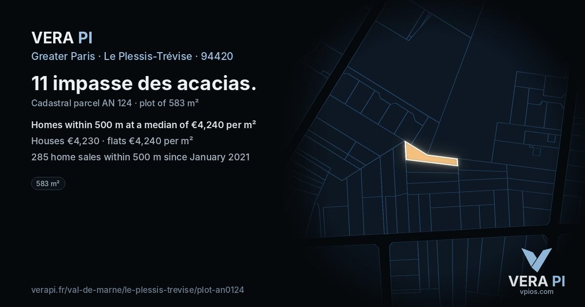 11 impasse des acacias, Le Plessis-Trévise at night – the plot lit, the parcels around coloured by the prices near them