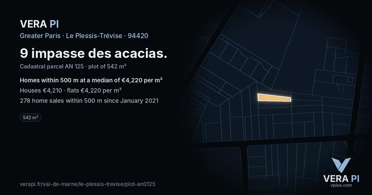 9 impasse des acacias, Le Plessis-Trévise at night – the plot lit, the parcels around coloured by the prices near them