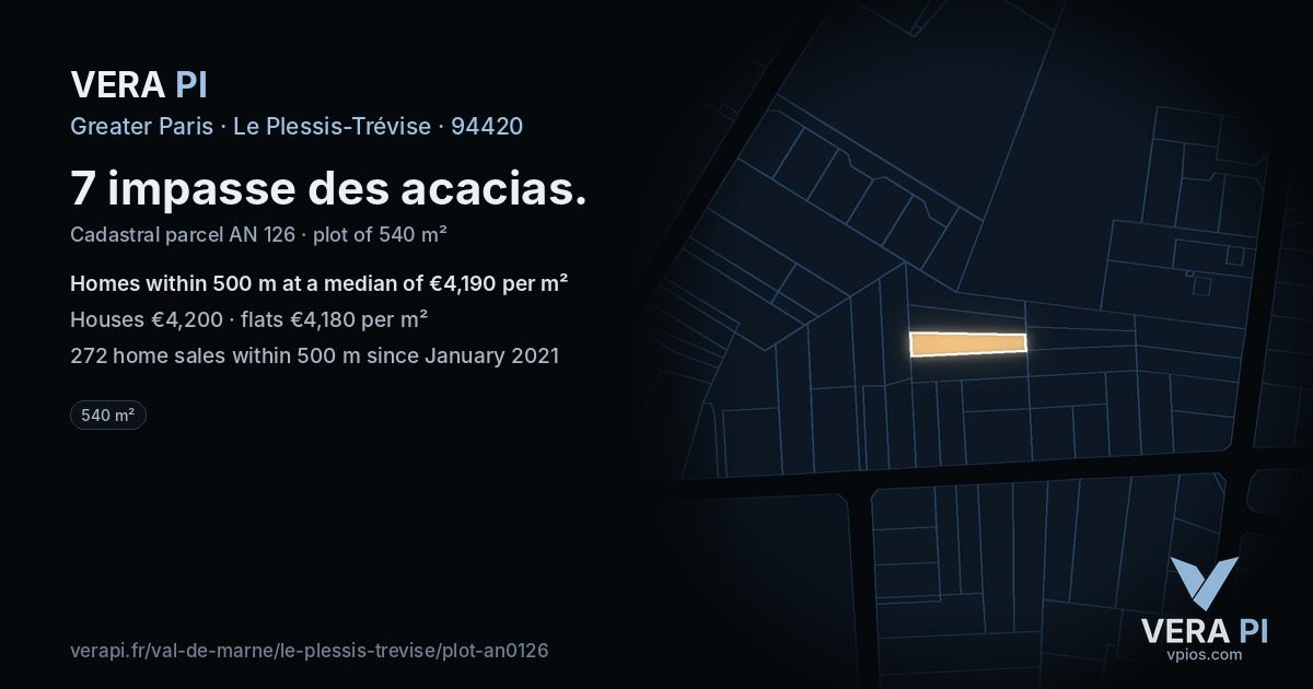 7 impasse des acacias, Le Plessis-Trévise at night – the plot lit, the parcels around coloured by the prices near them