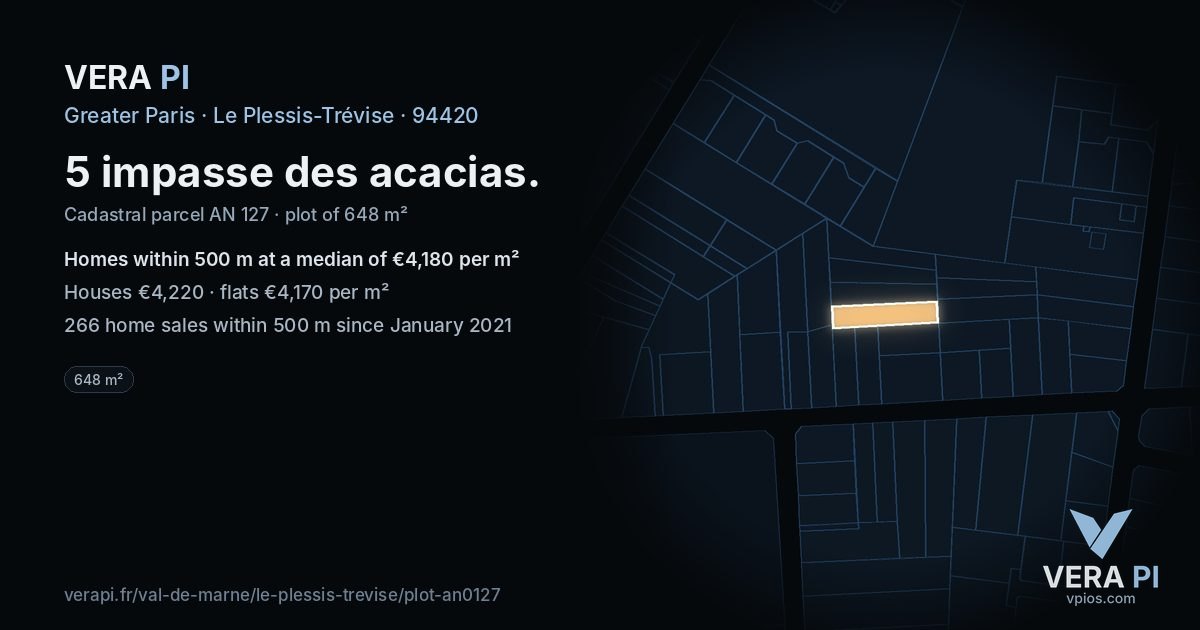 5 impasse des acacias, Le Plessis-Trévise at night – the plot lit, the parcels around coloured by the prices near them