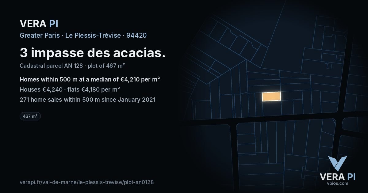 3 impasse des acacias, Le Plessis-Trévise at night – the plot lit, the parcels around coloured by the prices near them