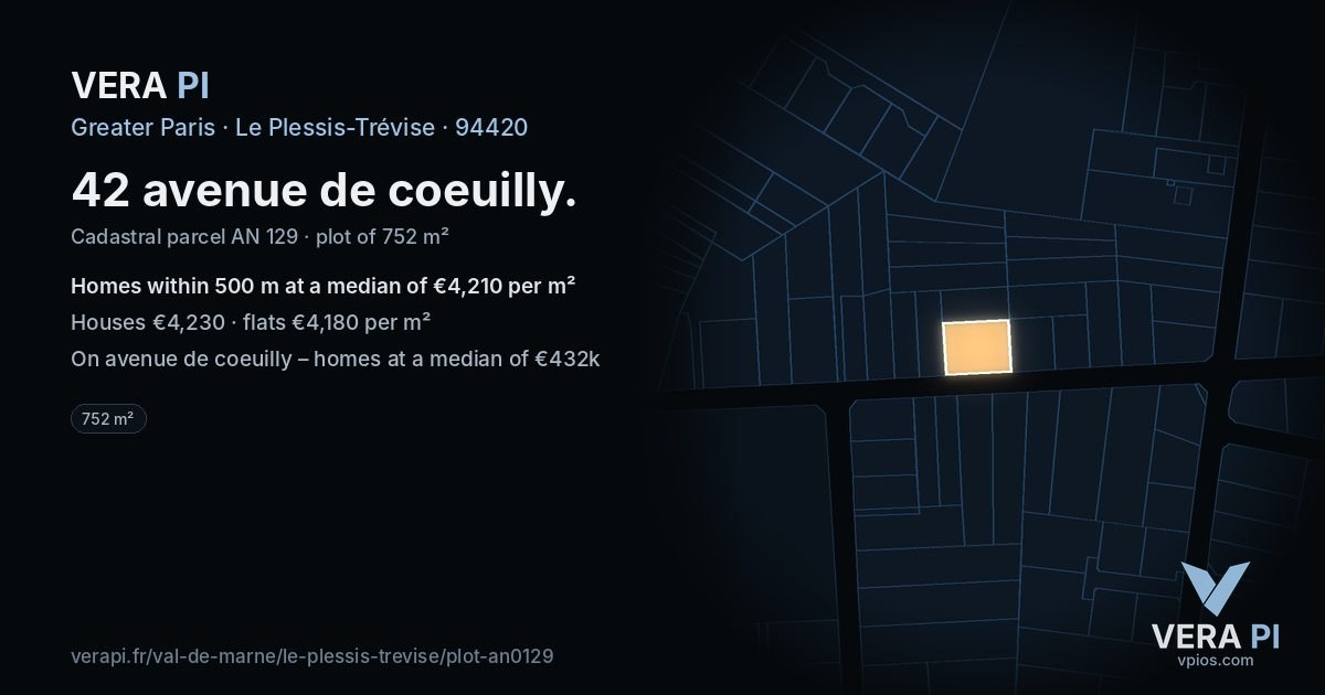 42 avenue de coeuilly, Le Plessis-Trévise at night – the plot lit, the parcels around coloured by the prices near them