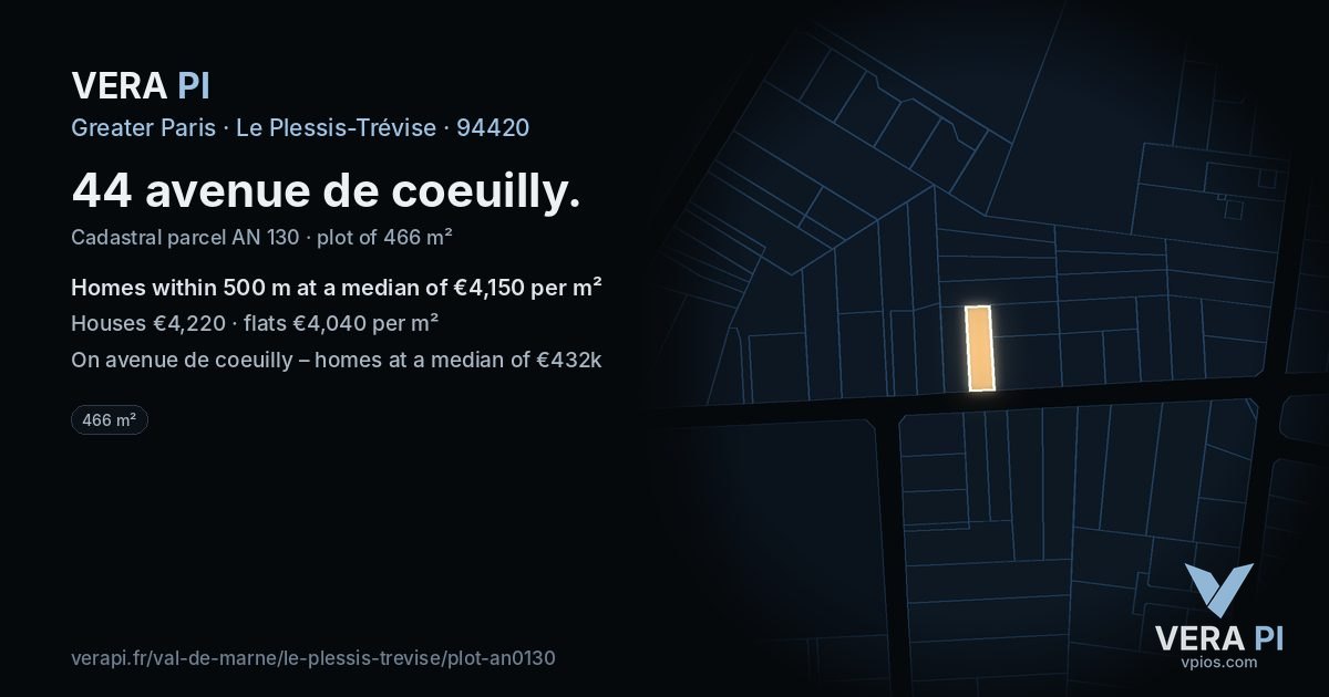 44 avenue de coeuilly, Le Plessis-Trévise at night – the plot lit, the parcels around coloured by the prices near them
