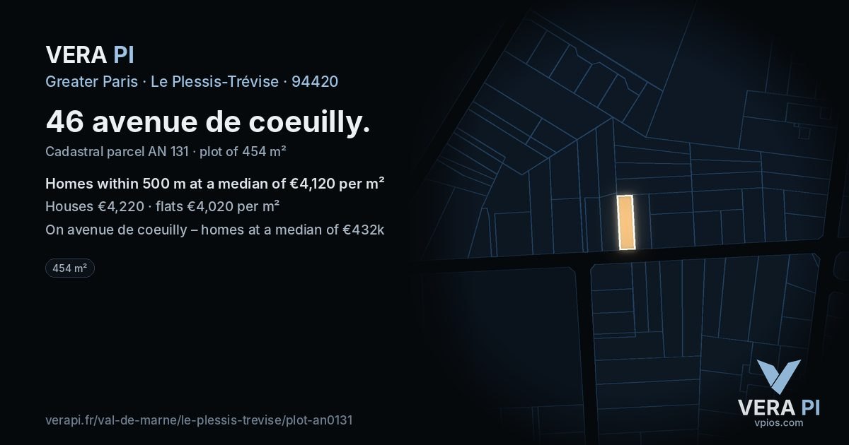 46 avenue de coeuilly, Le Plessis-Trévise at night – the plot lit, the parcels around coloured by the prices near them