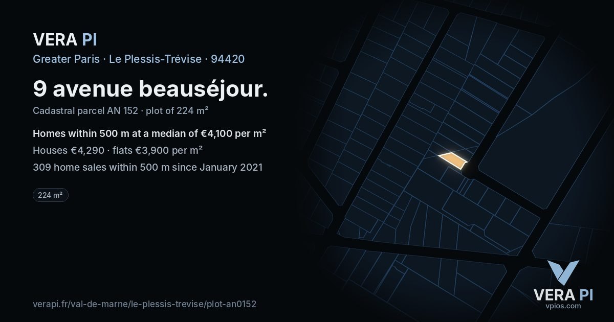 9 avenue beauséjour, Le Plessis-Trévise at night – the plot lit, the parcels around coloured by the prices near them