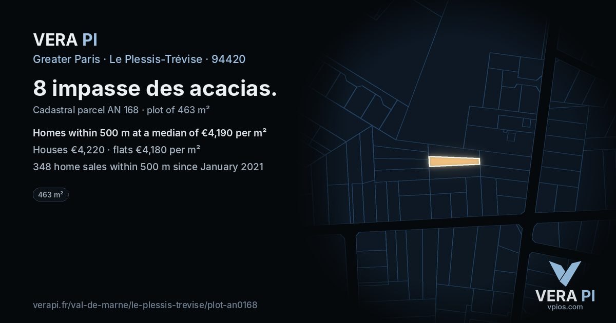 8 impasse des acacias, Le Plessis-Trévise at night – the plot lit, the parcels around coloured by the prices near them