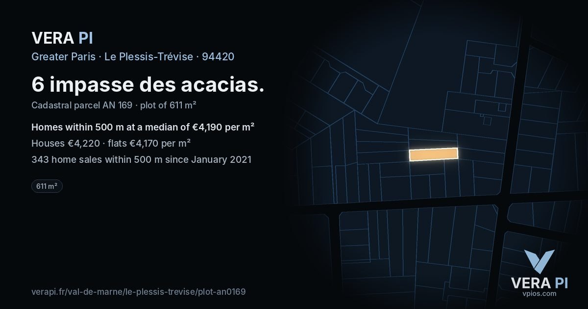 6 impasse des acacias, Le Plessis-Trévise at night – the plot lit, the parcels around coloured by the prices near them