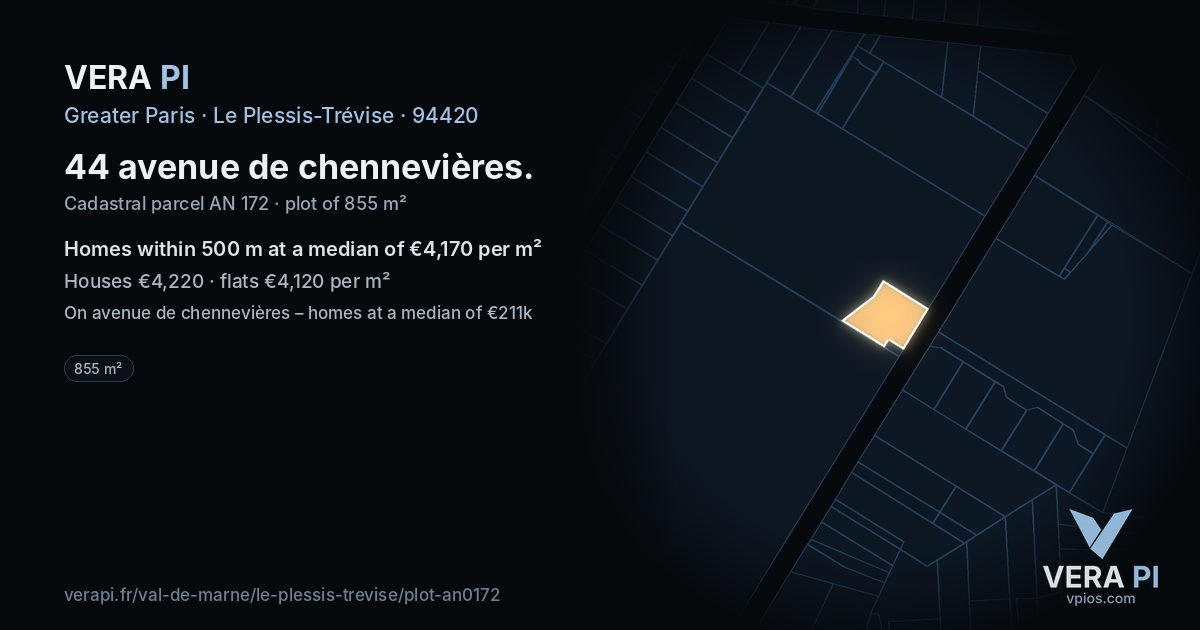 44 avenue de chennevières, Le Plessis-Trévise at night – the plot lit, the parcels around coloured by the prices near them