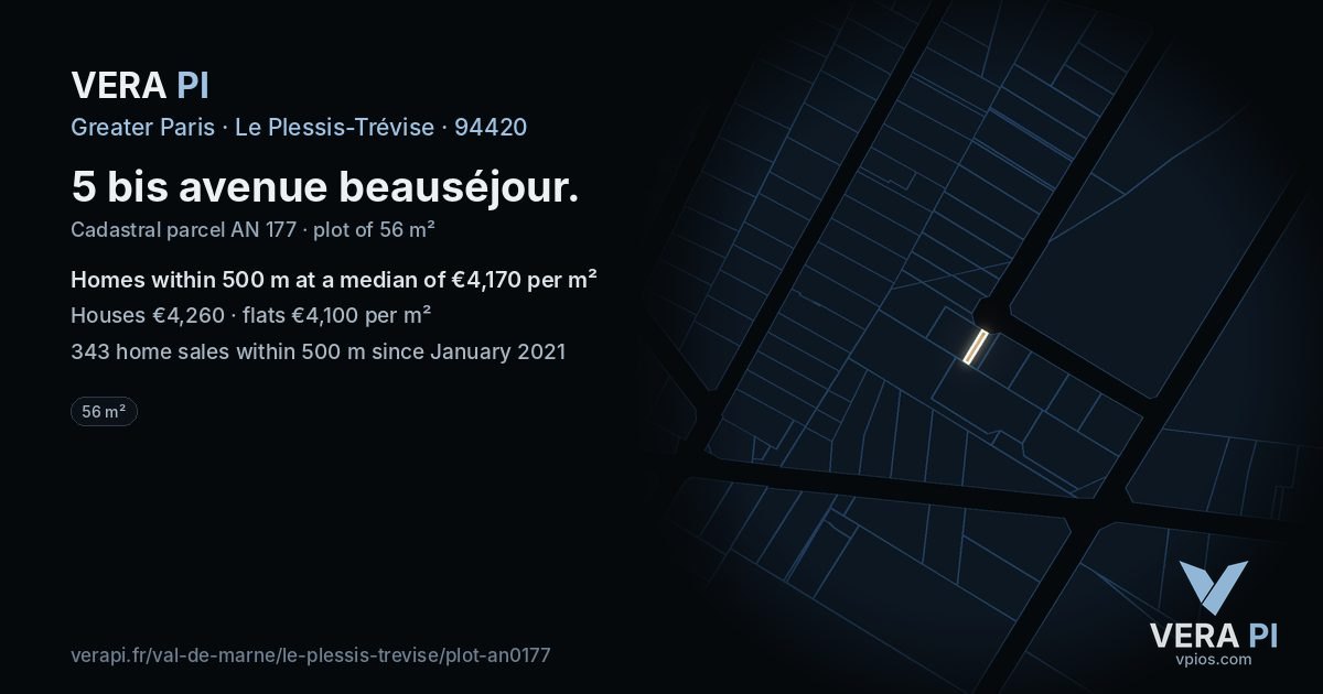 5 bis avenue beauséjour, Le Plessis-Trévise at night – the plot lit, the parcels around coloured by the prices near them