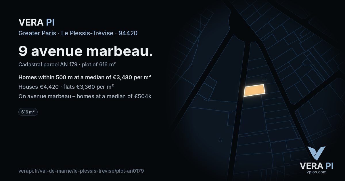 9 avenue marbeau, Le Plessis-Trévise at night – the plot lit, the parcels around coloured by the prices near them