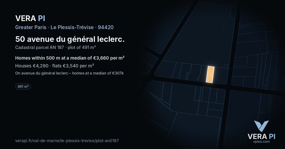 50 avenue du général leclerc, Le Plessis-Trévise at night – the plot lit, the parcels around coloured by the prices near them