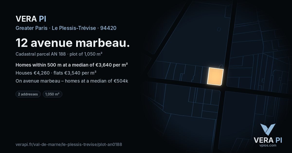 12 avenue marbeau, Le Plessis-Trévise at night – the plot lit, the parcels around coloured by the prices near them