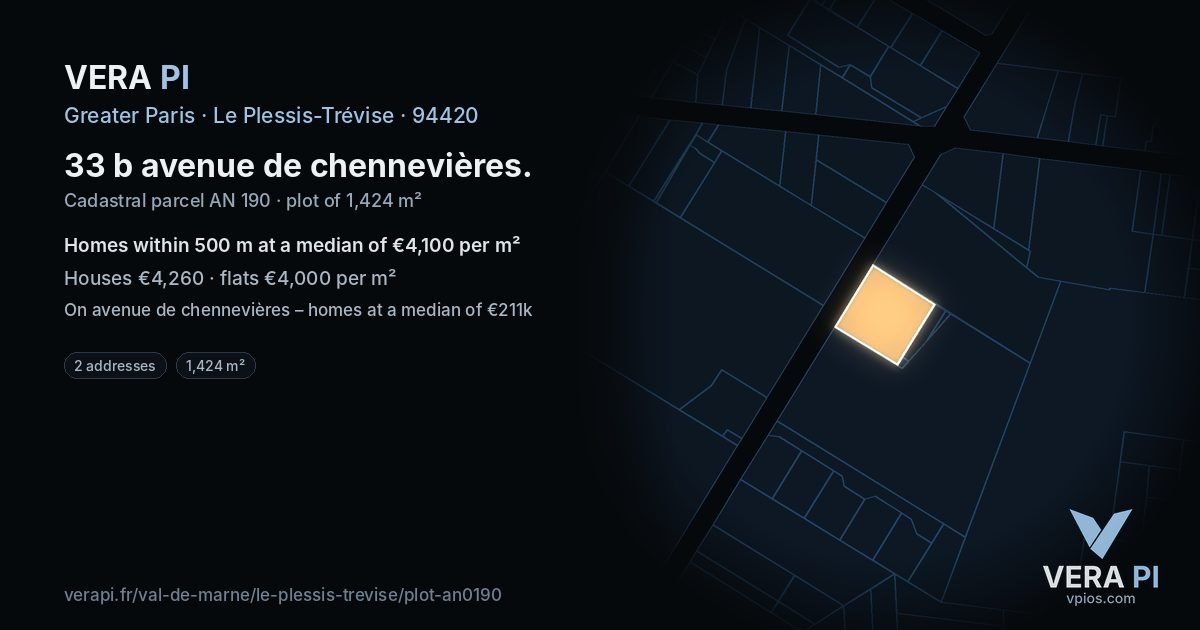 33 b avenue de chennevières, Le Plessis-Trévise at night – the plot lit, the parcels around coloured by the prices near them