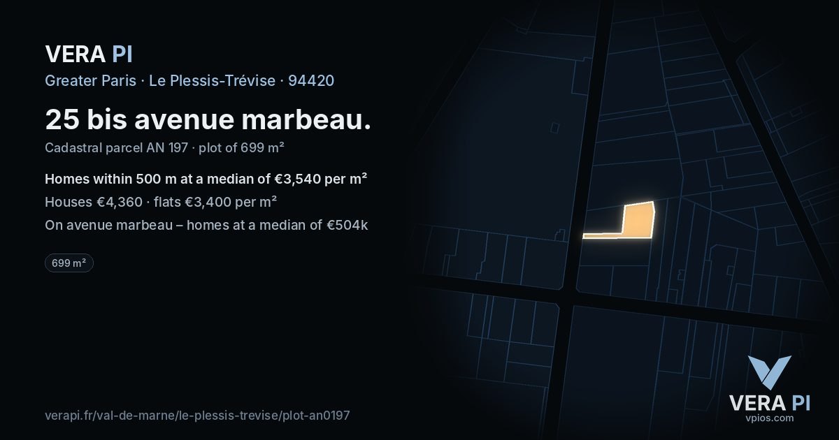 25 bis avenue marbeau, Le Plessis-Trévise at night – the plot lit, the parcels around coloured by the prices near them
