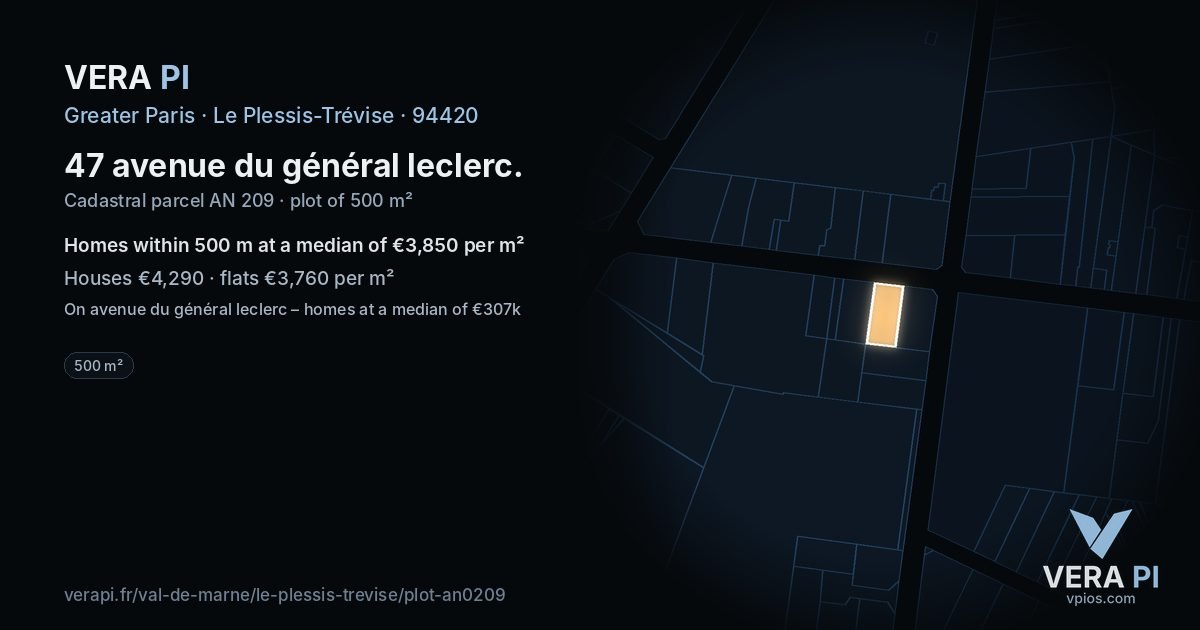 47 avenue du général leclerc, Le Plessis-Trévise at night – the plot lit, the parcels around coloured by the prices near them