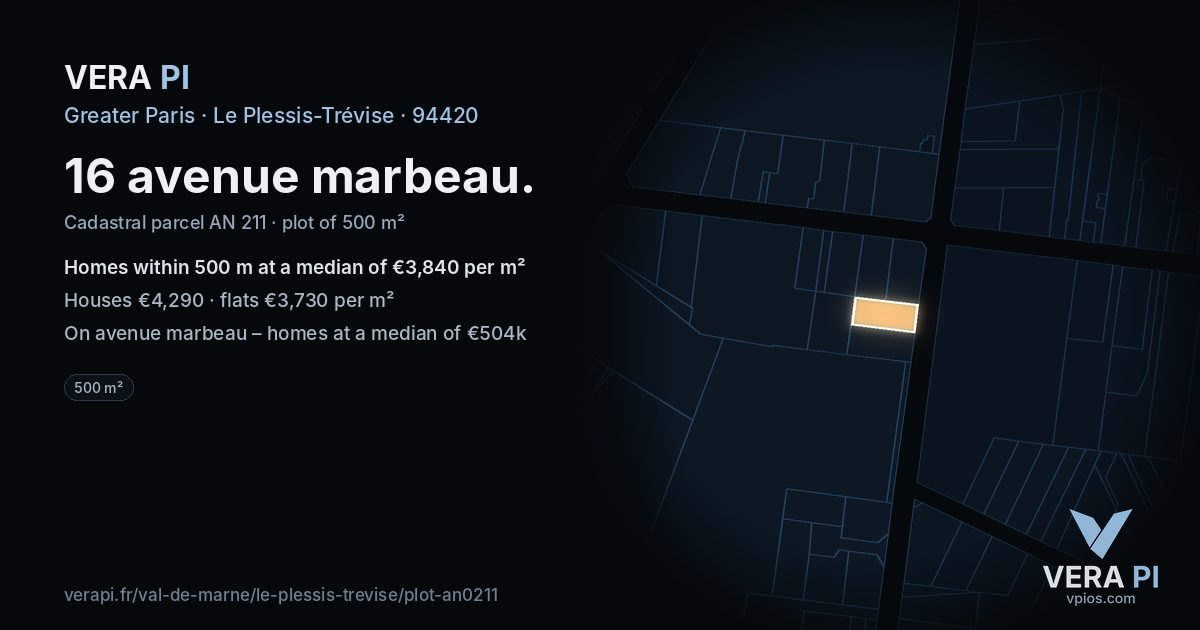 16 avenue marbeau, Le Plessis-Trévise at night – the plot lit, the parcels around coloured by the prices near them