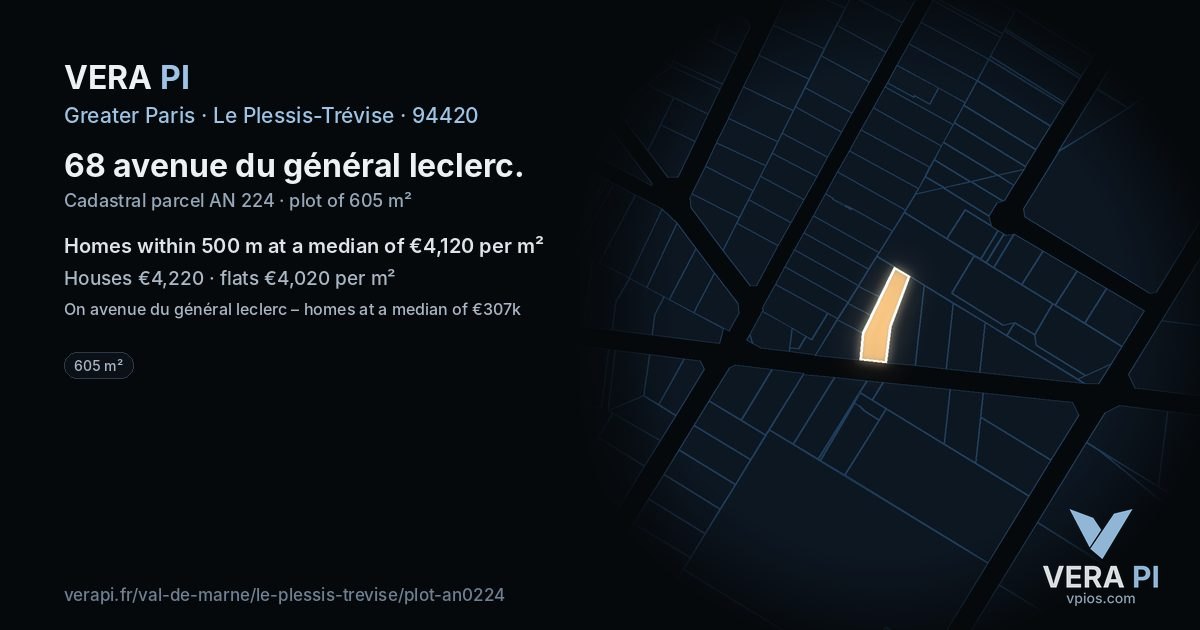 68 avenue du général leclerc, Le Plessis-Trévise at night – the plot lit, the parcels around coloured by the prices near them
