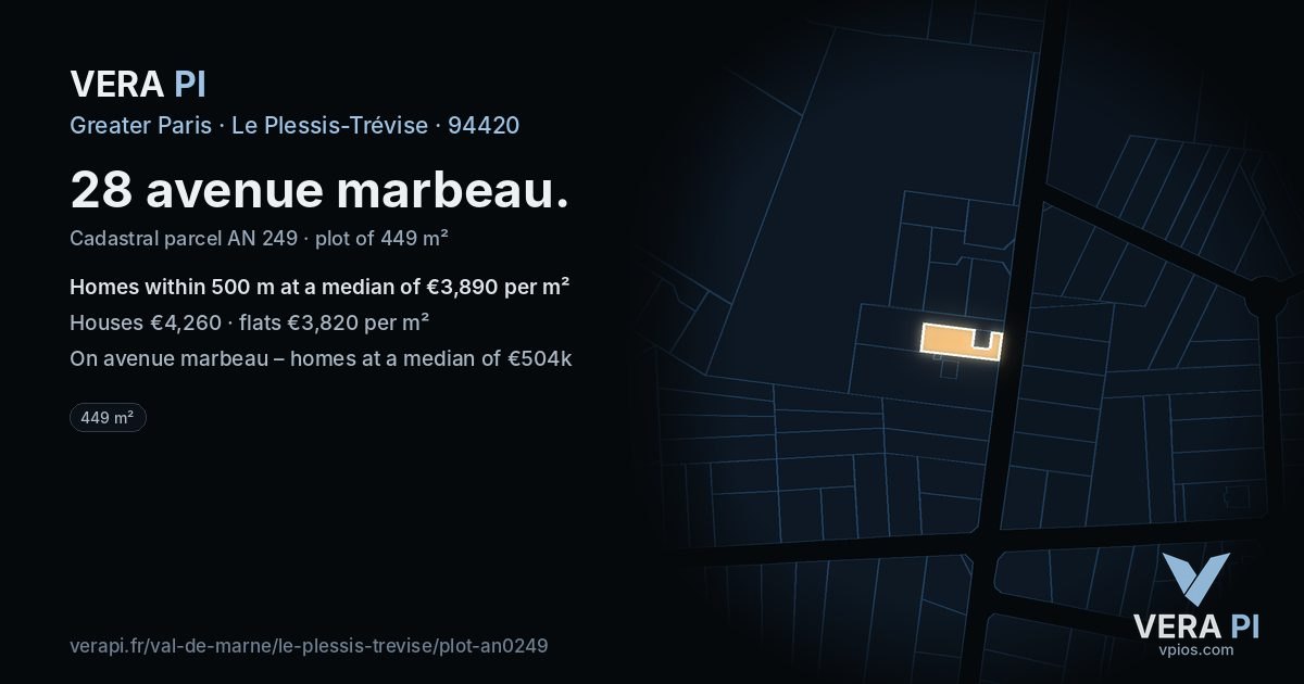28 avenue marbeau, Le Plessis-Trévise at night – the plot lit, the parcels around coloured by the prices near them