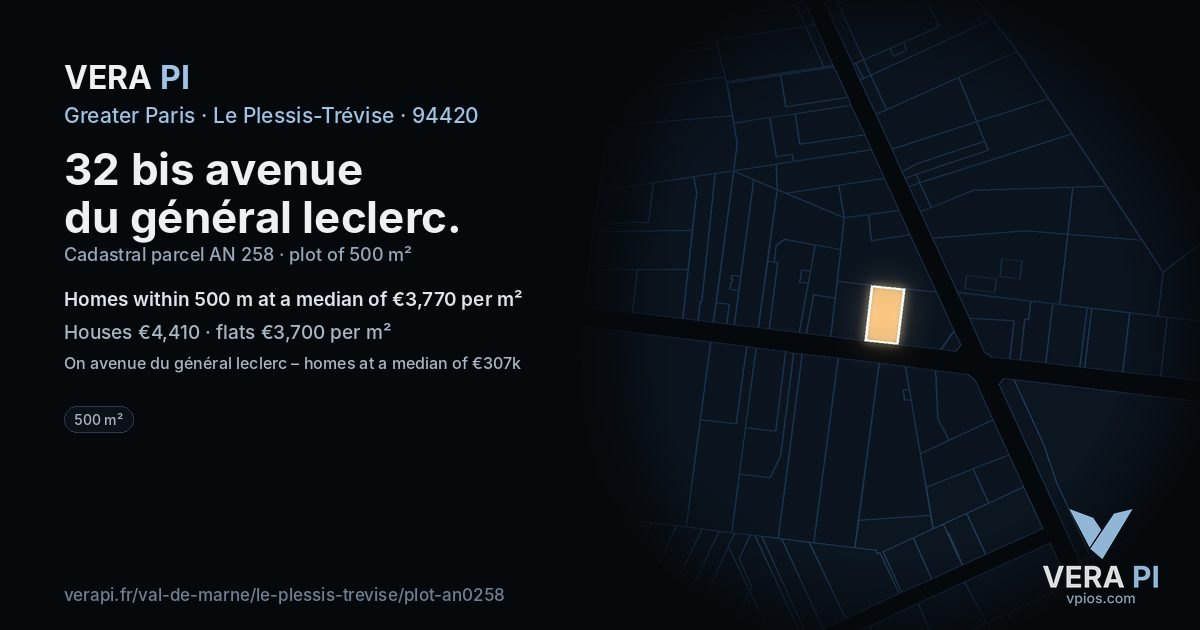 32 bis avenue du général leclerc, Le Plessis-Trévise at night – the plot lit, the parcels around coloured by the prices near them